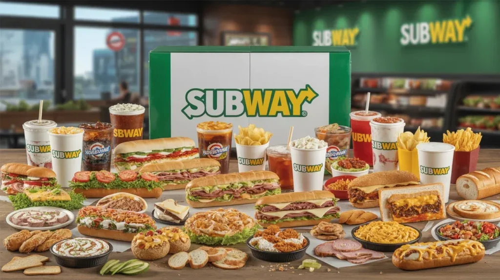A spread of Subway sandwiches, salads, sides, and drinks